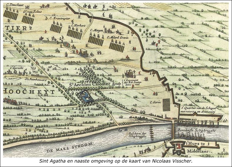 Sint Agatha op de kaart van Visscher tijdens het beleg van het Genneperhuis in 1641