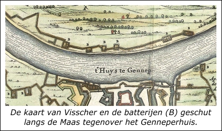De kaart van Visscher met de batterijen geschut aan de Maas