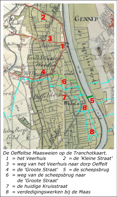 De Tranchotkaart toont de wegen van de Maas naar het dorp Oeffelt en het verblijf van Frederik Hendrik
